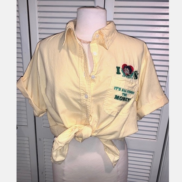 Vintage Betty Boop Embroidered short sleeve button down Shirt Yellow - Picture 1 of 7